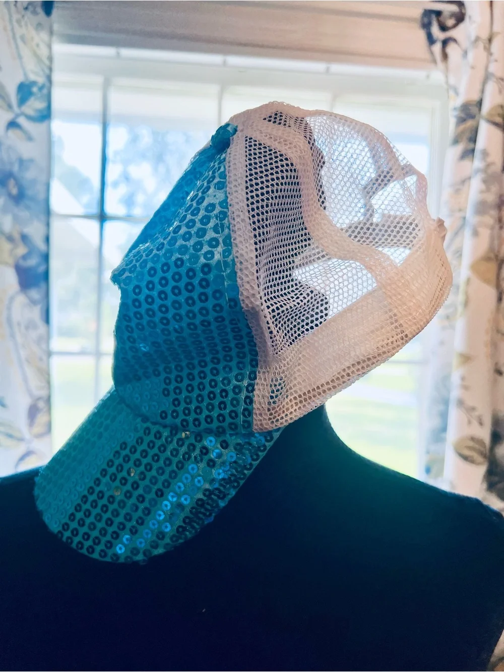 Sequin Mesh Trucker Cap. Aqua Blue. P80